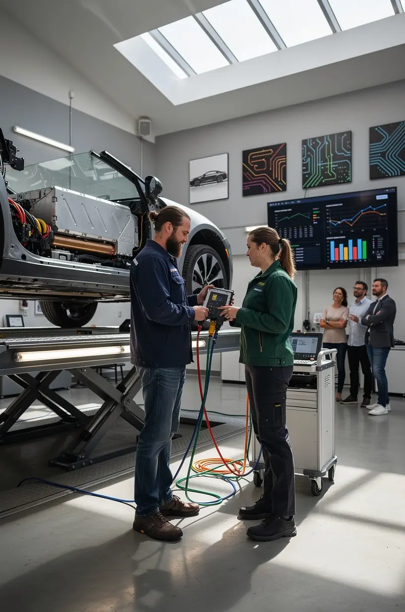 Techniker, der am Computer fortschrittliche Fahrzeugdiagnosedaten auswertet.